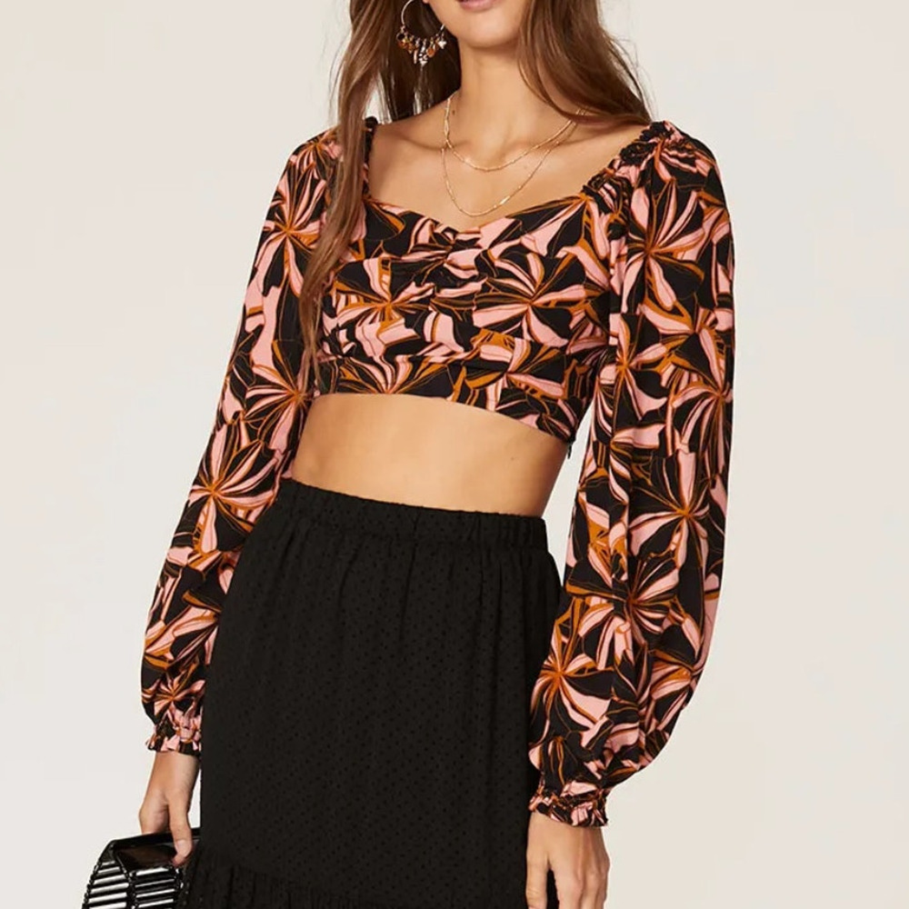 Minkpink Ziba Crop Top Large Multicolor Smocked Crepe Abstract Sweetheart Ruffle - Picture 6 of 14